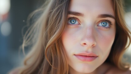 Fototapeta premium Captivating close-up of a young woman with striking blue eyes
