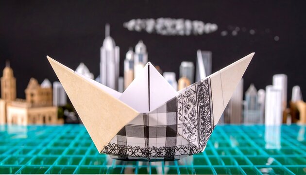 Paper boat origami on a green mat, cityscape background