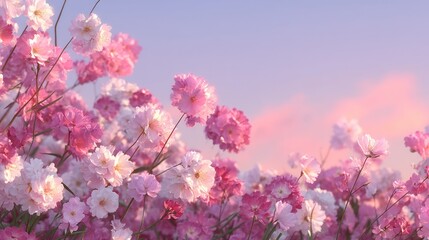 Delicate pink and white cherry blossoms bloom against a soft purple and pink sky
