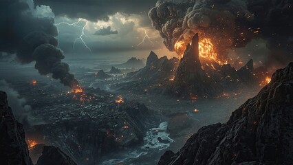 Volcanic eruption view over a devastated landscape.