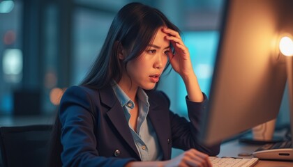 Stressed young woman working late at her computer