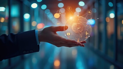 A hand holds a holographic globe of interconnected data points.