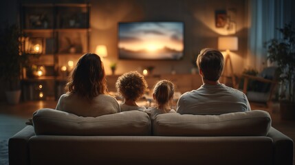 Cozy minimalist family enjoying quality TV time on a sofa with warm lighting in a clean living room, perfect for advertising or lifestyle content