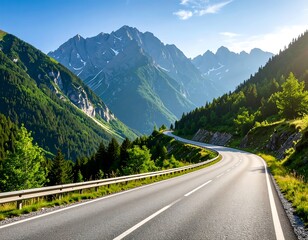 Fototapeta premium Winding mountain road through lush valley (1)
