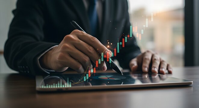 Financial Analysis: Businessman Analyzing Stock Market Data on Tablet
