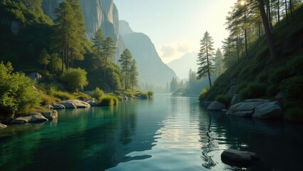 Serene mountain lake reflecting the surrounding greenery.
