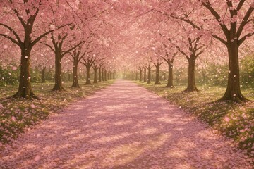 Obraz premium Cherry Blossom Park Pathway with Pink Petals and Springtime Romance