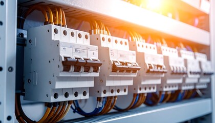 Modern Electrical Panel with Circuit Breakers and Wiring with Industrial Control.