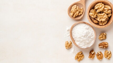 Fototapeta premium Walnuts and flour in bowls and spoons, isolated on white background
