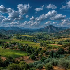 Fototapeta premium Rolling Green Hills Under a Cloudy Blue Sky