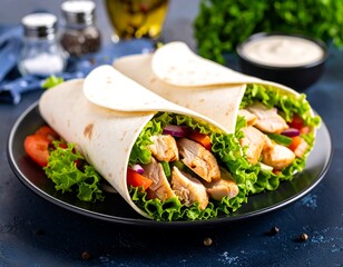 Two chicken wraps filled with fresh vegetables