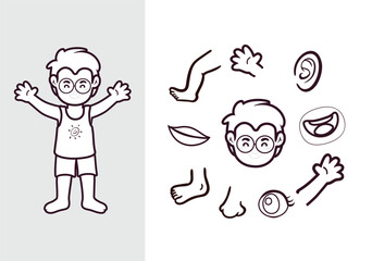 Cartoon Boy Body Parts Outline and Coloring Concept Vector