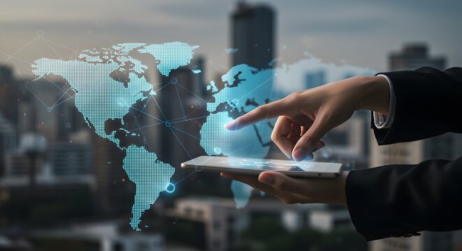 Global Business Connection: Man Using Tablet with World Map Overlay - Powered by Adobe