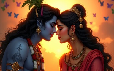 Krishna and radha love story illustration romantic hindu god divine couple painting art 90. High quality