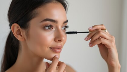 Fototapeta premium Woman applying mascara with a thoughtful expression