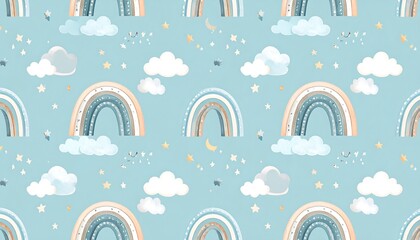 Pastel Rainbows with Clouds, and and Stars on Sky Blue Seamless Pattern  Dreamy Design.