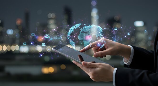 Global Business Network on Tablet with Cityscape Background - Powered by Adobe