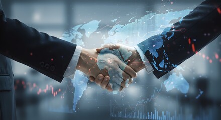 Global Business Partnership Handshake with World Map Overlay