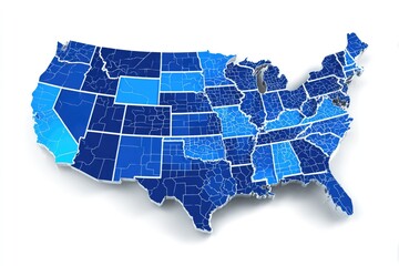 3D map of the United States, states highlighted in shades of blue