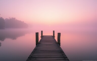 Fototapeta premium Solitary Wooden Dock at Dawn on a Misty Pink Lake. High quality