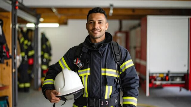 Smiling firefighter portrait in station