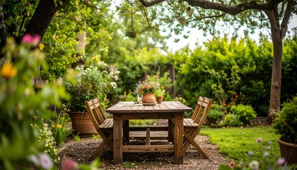 Obraz premium Rustic wooden patio table and chairs in a garden