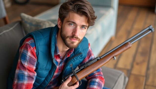 Young man holding a vintage rifle with a thoughtful expression