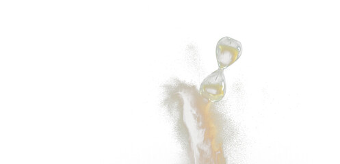 Hourglass fly in mid air, add more sand of time on gold sand over black background. Brown hourglass show more time Deadline extended time management hope concept hour glass, life clock passing by