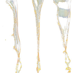 Obraz na płótnie Canvas Orange, lemon juice or oil lubricant splash, liquid gold yellow drink drops. Fruit beverage water elements in line form . Fresh splashing and flowing jets, black background isolated freeze motion