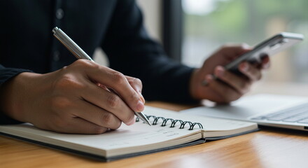 Man Writing in Notebook While Using Smartphone at Desk