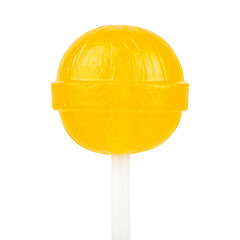 Yellow Lollipop Isolated On White Background: A close-up studio shot of a vibrant yellow lollipop on a white stick, radiating a sugary allure. 