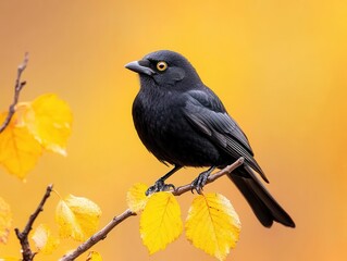 Fototapeta premium Black bird on branch with autumn leaves