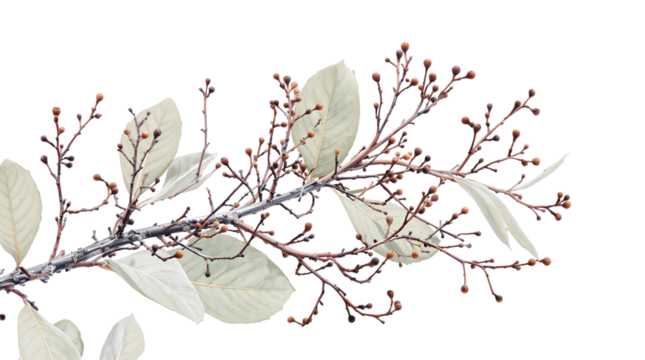 Elegant botanical close-up of a delicate branch with muted foliage and subtle berry-like elements, isolated on pristine white, offering tranquility and minimalist beauty.