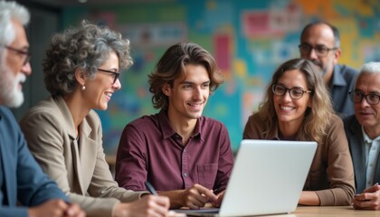 Diverse team collaborating around a laptop