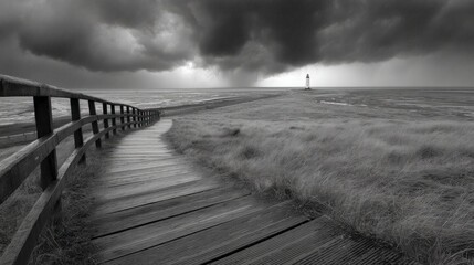 Wooden boardwalk curving through grassy dunes towards a distant lighthouse under a stormy sky
