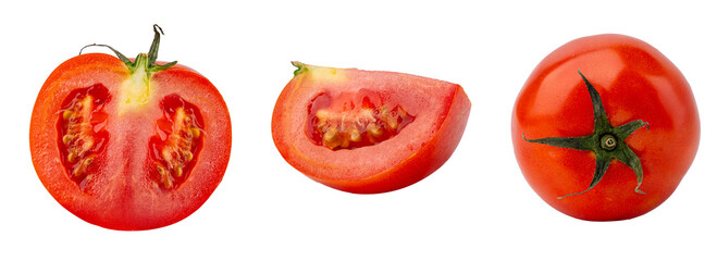 tomato composition: whole, half, and slice on white background