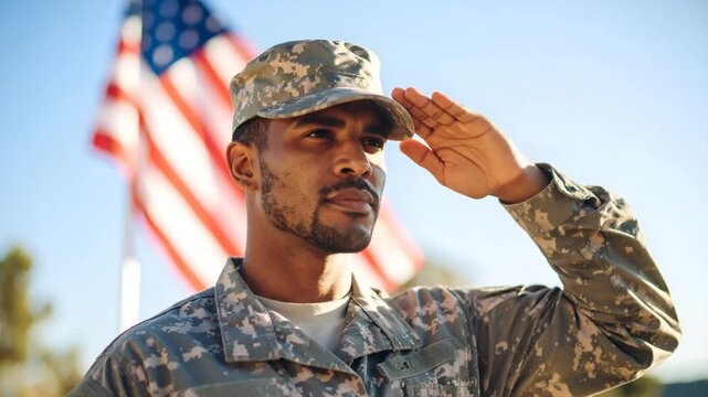 Soldier saluting flag outdoors