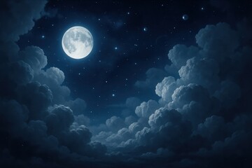 Fototapeta premium Ethereal cumulus formations illuminated by moonlight with celestial bodies visible through gaps in cloud cover