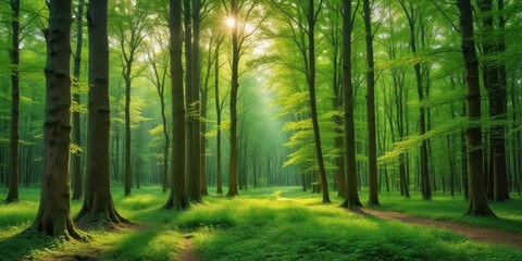 Fototapeta premium Lush forest with tall trees and vibrant green foliage