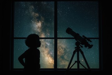 Young dreamer gazing through telescope at constellation-filled night sky from bedroom window