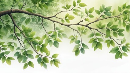 Obraz premium Watercolor illustration of a tree branch with lush green leaves and intricate details