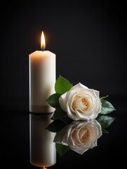 Fototapeta premium Funeral candle and white rose on black background with empty space for sympathy card