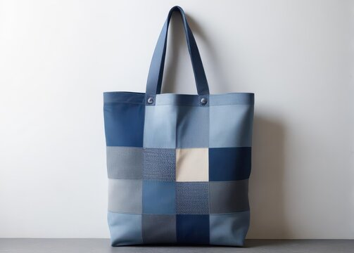 denim canvas tote bag with monochromatic patchwork