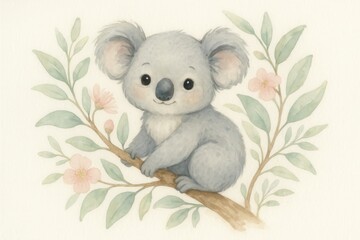 Adorable watercolor illustration of playful koala cub climbing eucalyptus tree in Australian forest