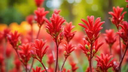 Mass of red kangaroo paw stems with blurred flowering turmeric growing in a herb garden