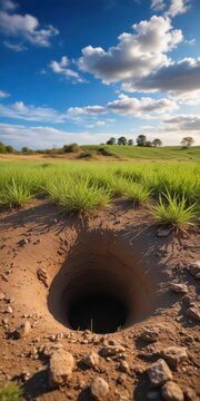 A freshly dug gopher hole in the earth with exposed dirt and roots
