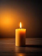 Softly glowing candle lit in a dimly lit room