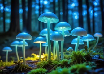 Fototapeta premium Glowing mushroom caps illuminate the dark forest floor