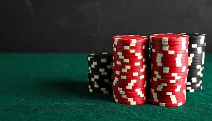 Poker chips stacked on green felt (1)