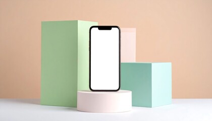 Smartphone Mockup on Geometric Pastel Background with Blank Screen for App Presentation.